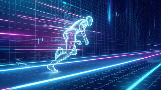 Holographic man running fast through digital data tunnel. Futuristic athlete sprinting inside virtual grid network for high performance and speed training concept.