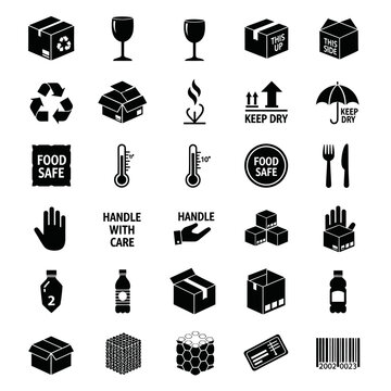 Black icons for food and delivery.