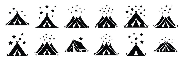 Summer beach icon set with tent under stars 12 black silhouette icons. © KartikChandro