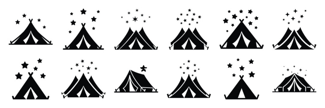 Summer beach icon set with tent under stars 12 black silhouette icons.