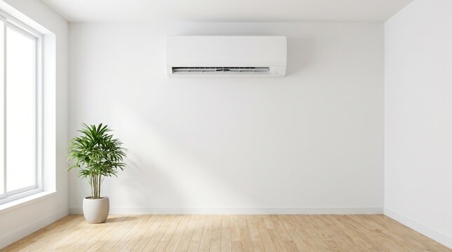 Empty white room with wooden floors and a wall mounted air conditioning unit