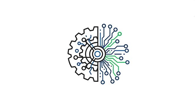Minimalist fusion of mechanical gear and electronic circuit lines with a central glowing core.