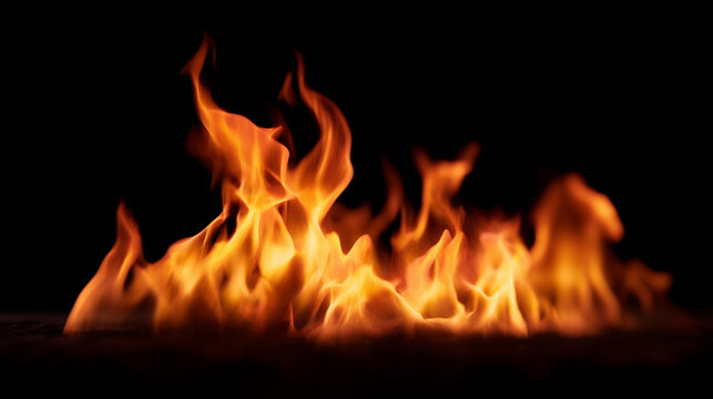 Bright fire flames isolated on dark black backdrop, realistic burning heat background and energy power concept Kbright fire, flame background, burning flames, isolated flames, oran