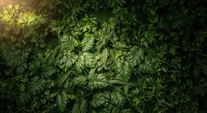 A densely packed wall of lush, deep green tropical foliage, showcasing vibrant leaves and natural textures.