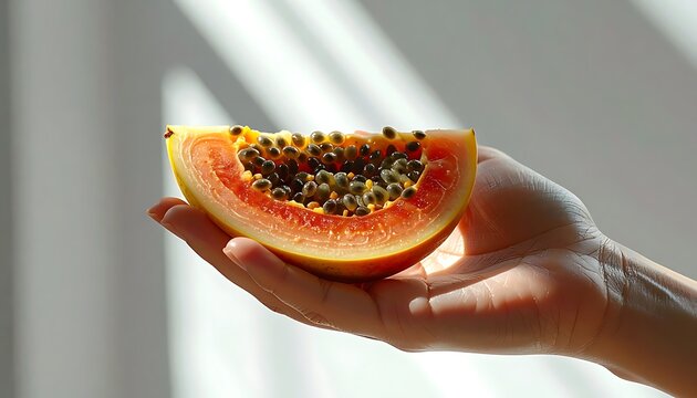 Slice of ripe papaya with visible seeds held in a gentle hand, bathed in soft sunlight casting striped shadows, highlighting tropical fruit freshness and natural health