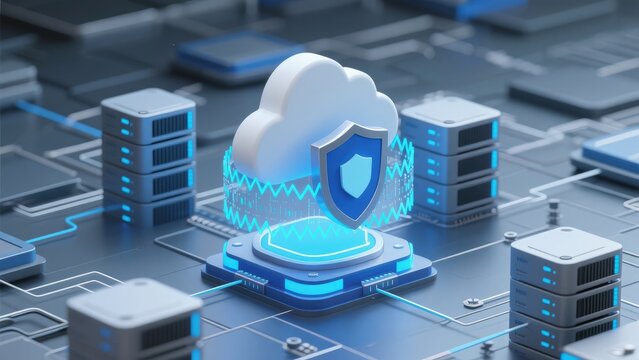 Advanced cloud server infrastructure with digital protection shield and connected enterprise data center network, idea for secure cloud computing and IT technology