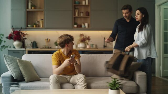 Parents scolding their teenage son for smoking marijuana, bad influence, puberty
