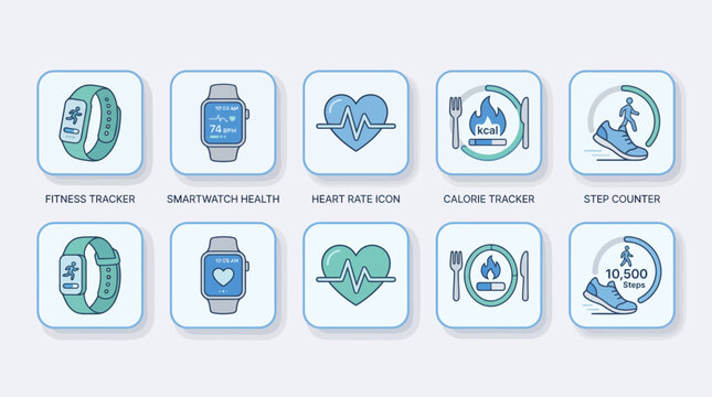 Healthy lifestyle and fitness tracking icons including heart rate, calorie counter, and step counter, designed for modern wellness apps and services