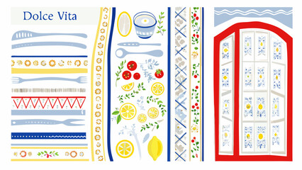 Italian themed decorative pattern with kitchenware produce and floral elements vibrant vector illustration high quality professional detailed modern © MINA