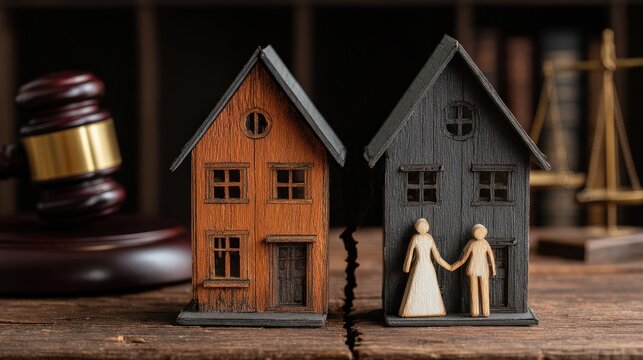 Wooden house models representing a property division during a legal separation or divorce settlement.