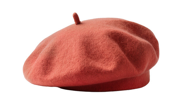 Isolated soft terracotta beret with small stem, trendy accessory for fashion and art