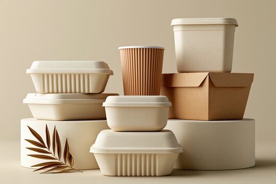 Compostable and disposable takeout containers arranged on pedestals