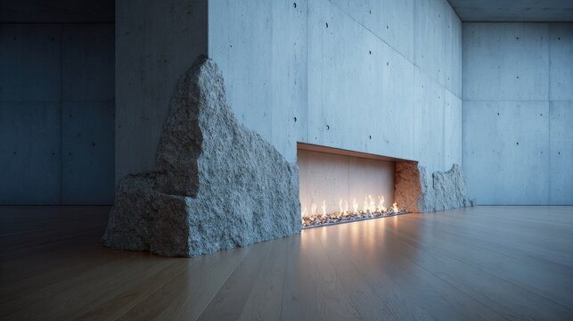 Modern minimalist room features a contemporary fireplace integrated into raw concrete and textured stone walls.
