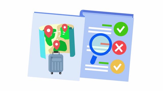 Check mark sign on traveling checklist document with passport stamp verification cartoon animation. Minimalist to-do list guide book for itinerary travel validation in a transparent background.