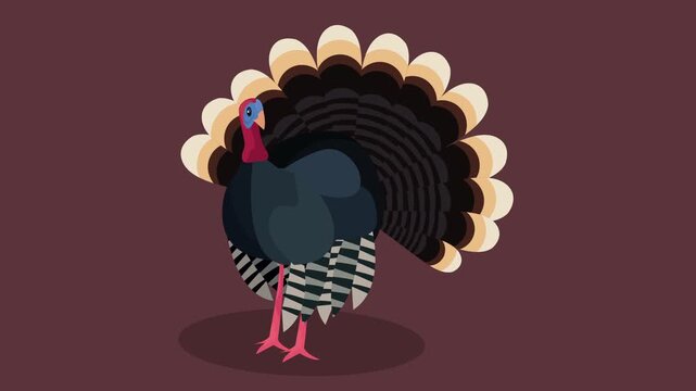 A male wild turkey stands proudly with its vibrant feathers fanned out in a dynamic motion on a warm maroon background.