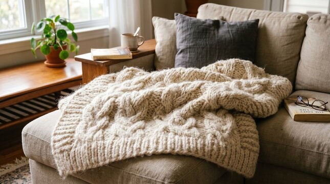 Cozy home interior with a chunky cable knit blanket on the sofa, concept of hygge and relaxation
