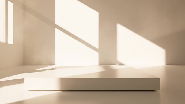 Empty minimalist white room with a low square podium on the floor, featuring bright sunlight streaming through a window to create sharp geometric shadows on the walls and ground.