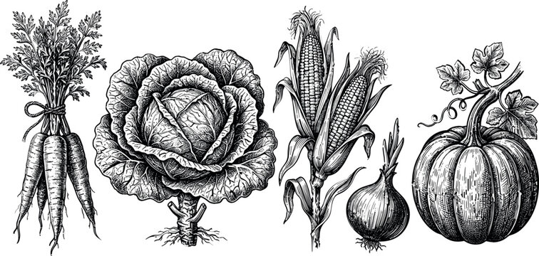 Vintage Hand Drawn Engraving Style Vegetable Vector Set Featuring Carrots Cabbage Corn Onion and Pumpkin for Organic Farm Branding and Rustic Culinary Design Layouts