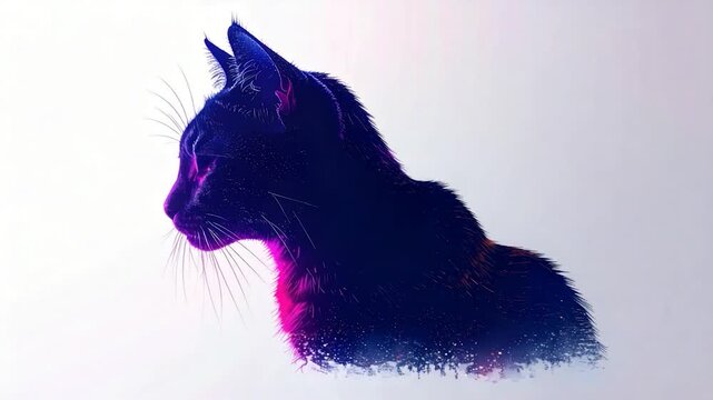Silhouette of a cat with vibrant pink eyes and digital overlays