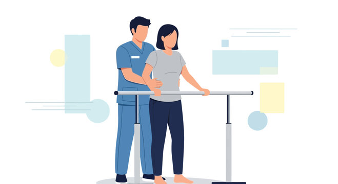 Physical therapist assisting patient with rehabilitation exercises on parallel bars