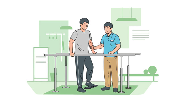 Physical therapy patient practicing walking with parallel bars and therapist support