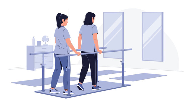 Physical therapy patient practicing walking with trainer support on parallel bars