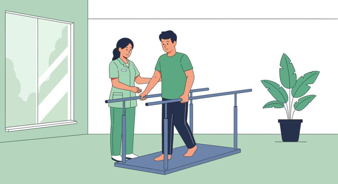 Physical therapy patient walking with parallel bars and therapist support, rehabilitation concept