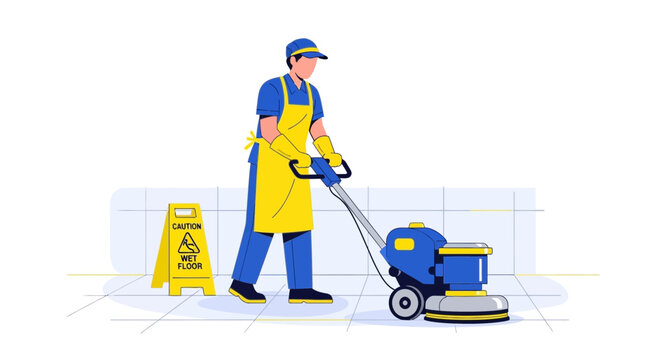 Professional cleaner polishing floor with machine, caution wet floor sign