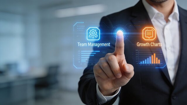 Businessman using futuristic holographic interface analyzing team management and growth charts in modern office digital transformation concept corporate strategy data analytics