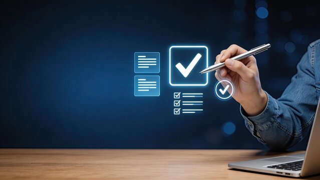 Business professional hand holding a silver pen and interacting with a glowing holographic checklist verifying tasks completing forms and approving digital documents on a modern