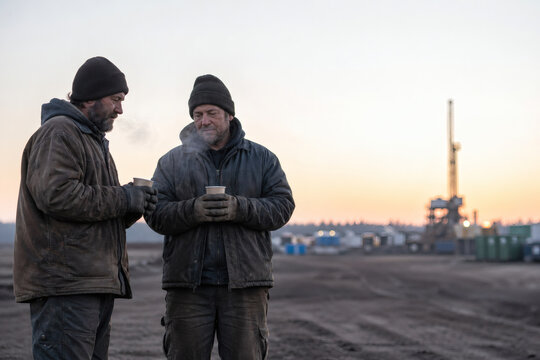 Two Men Holding Coffee Cups in an Industrial Landscape