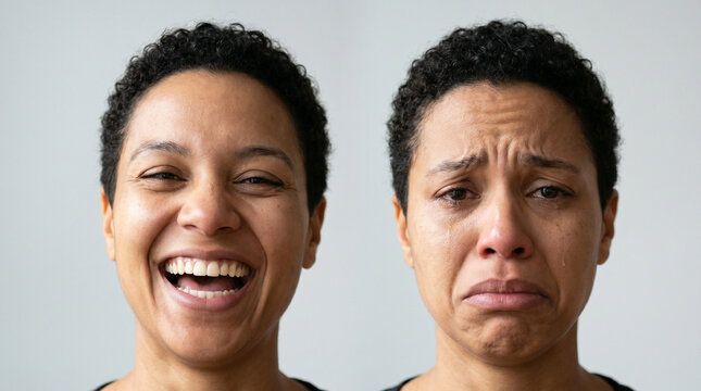 Woman showing opposite emotions in split portrait, Digital identity crisis