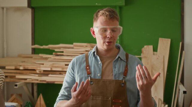 Tilt up shot of young carpenter grabbing safety glasses from workbench and putting them on while instructing kids during woodworking class