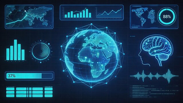 Futuristic holographic dashboard interface displaying global data analytics digital earth network brain AI processing bar charts world maps and waveform signals on dark blue