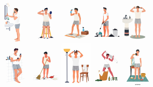 Set of illustrations depicting a man's step-by-step DIY haircut and grooming routine at home, from cutting to cleaning up.