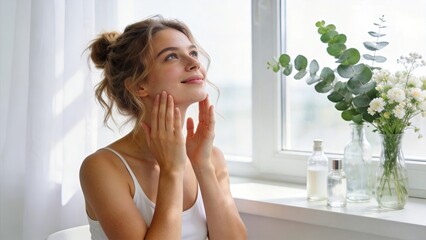 Naklejka premium Young woman applying moisturizer on face near window with natural light skincare routine beauty self care morning ritual healthy skin fresh look wellness relaxation home spa