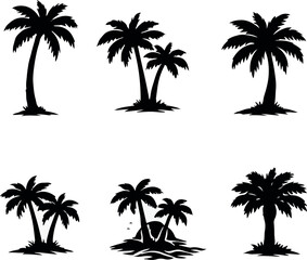 Fototapeta premium Palm tree silhouettes set, tropical coconut palm vector collection isolated on white background, black botanical icons for summer and beach design
