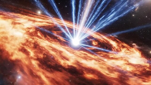 Bright quasar with glowing orange accretion disk and blue relativistic jet streaming from  black galaxy core amid dramatic cosmic rgy