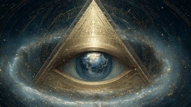 Mysterious eye of providence floating in deep space with planet earth as its pupil