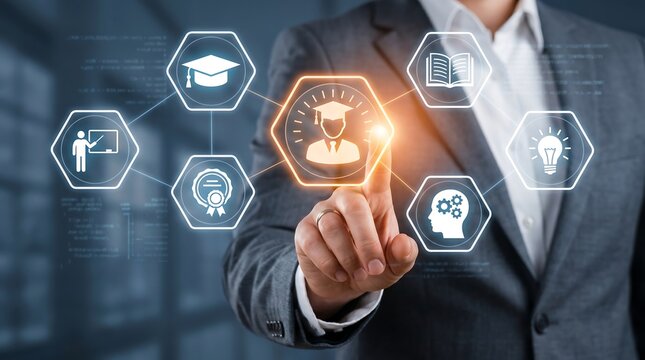 Businessman selecting educational pathways on hexagonal network concept of lifelong learning career development personal growth human resources
