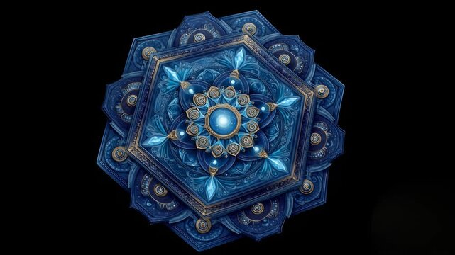 Intricate geometric mandala with glowing blue crystals and gold details rotating on a black background