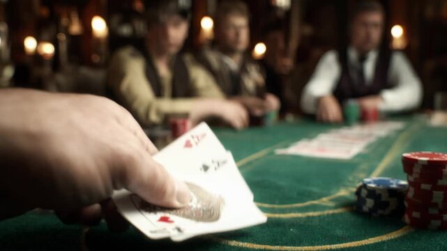 Close-up of a poker player's hand showing a pair of aces, a winning combination in a card game