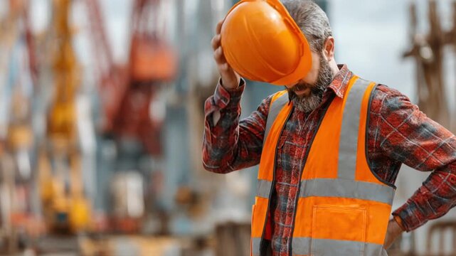 Tired male construction worker feeling back pain and a headache at a construction site