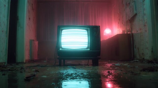 Retro tv with no signal flickering in a flooded, derelict and spooky house with red neon light