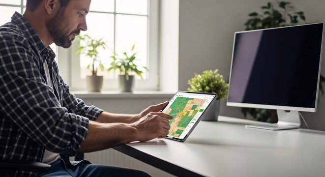 Man reviewing a digital map on a tablet device, with a computer monitor and plants in the background