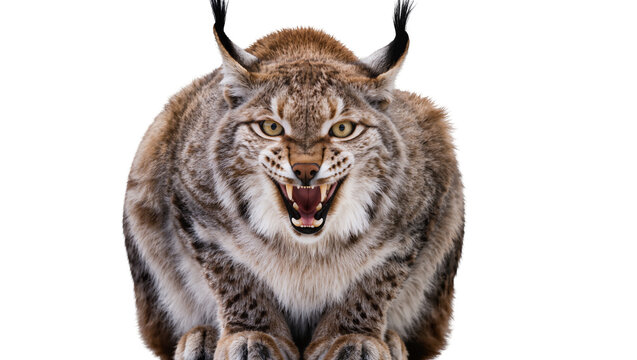 Isolated Eurasian lynx snarling with sharp fangs and intense eyes, fierce wild predatory cat