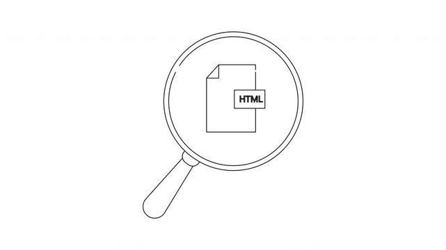 Magnifying glass over HTML file icon, representing search and web development.