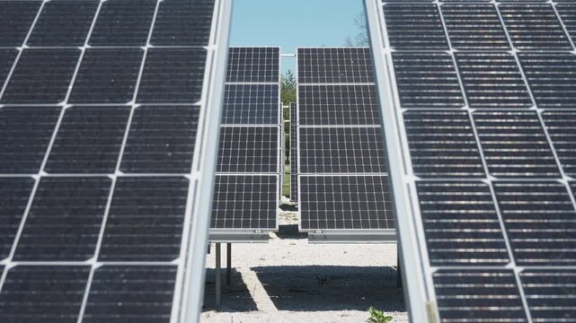 Bifacial photovoltaic solar panels array on metal ground mount racking system. Professional installation at renewable energy farm for high efficiency power generation on sunny day outdoors.