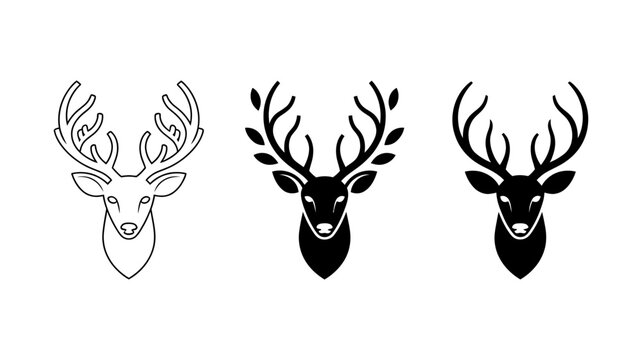 Collection of stylized deer head graphic icons with outline and solid fill variations wildlife creature