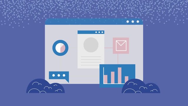 Dynamic digital dashboard animation with marketing data analytics and business software interface elements on purple background.